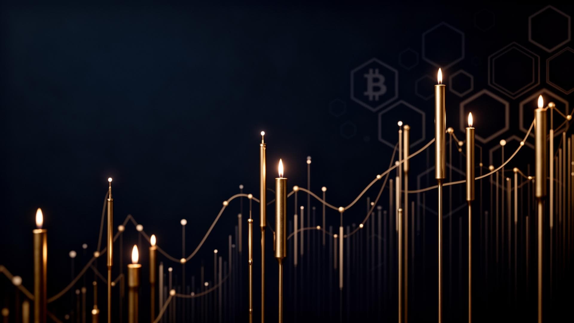 Abstract brass candlestick chart on a deep navy background.