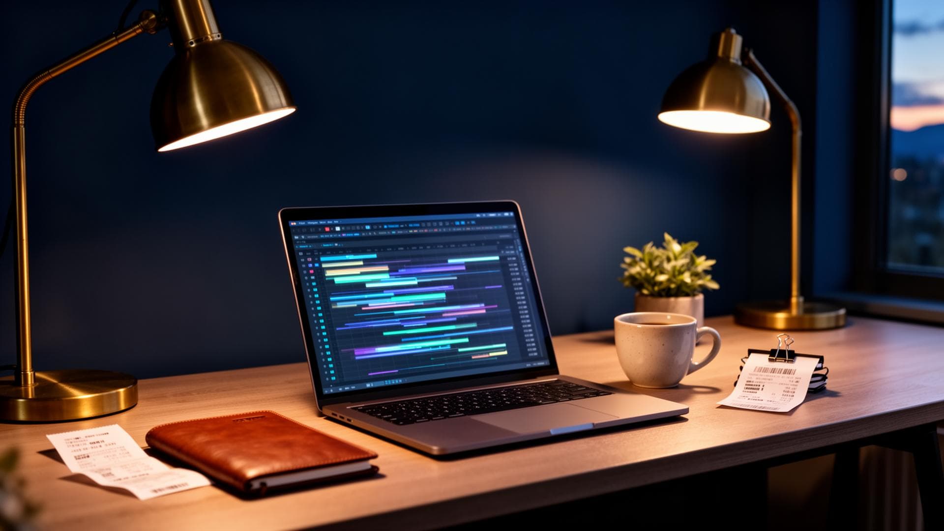 Freelancer's home office desk with laptop and brass lamp at dusk.