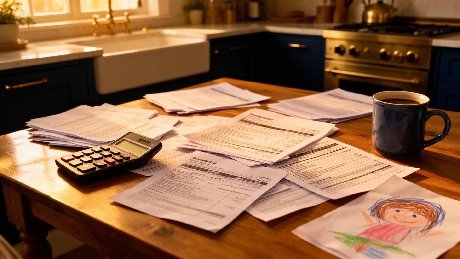 American family kitchen table with tax paperwork at golden hour.