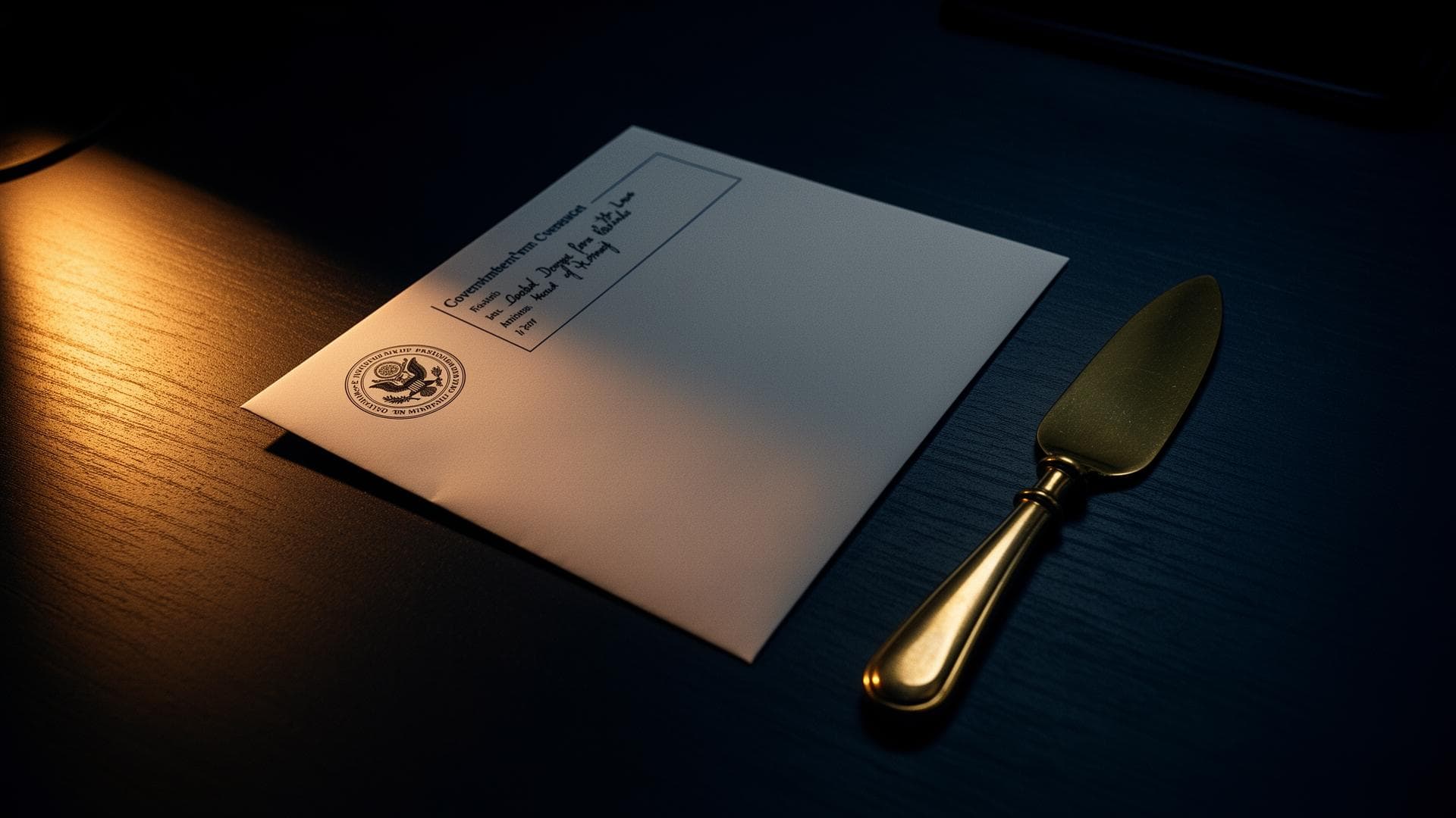 Unopened official government envelope under a single warm beam of light.