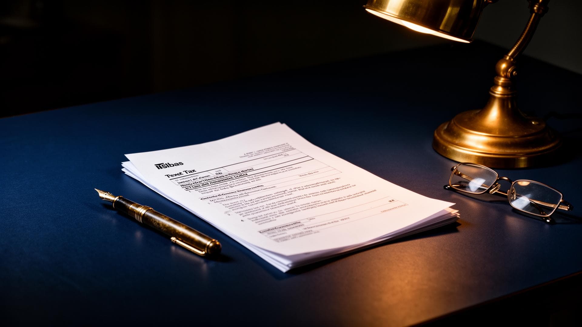 Editorial still life: fountain pen, tax document and brass desk lamp on a navy desk.